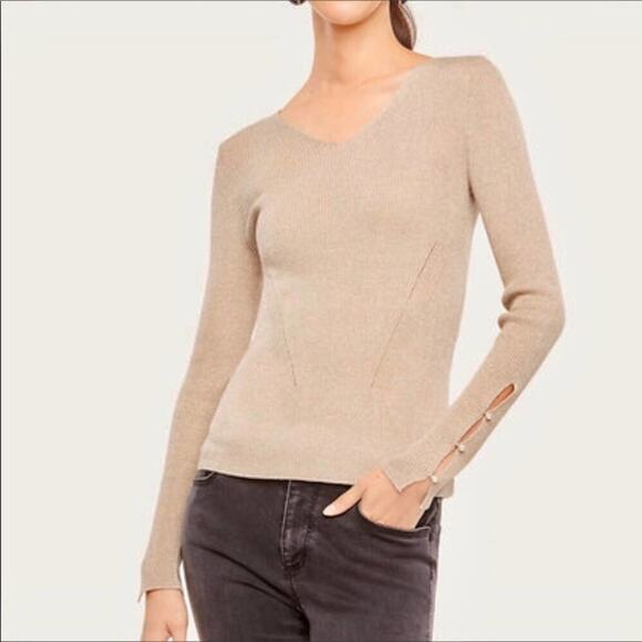 Ann Taylor Gold & Beige Knit Sweater Shimmer Pearl Buttons V-neck - Picture 3 of 7